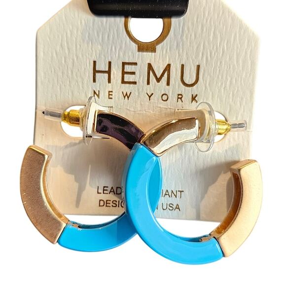 Hoop Earrings Blue, Gold Tone Chunky Acrylic 1.19" HEMU New York w/ Gift Bag - Picture 1 of 8